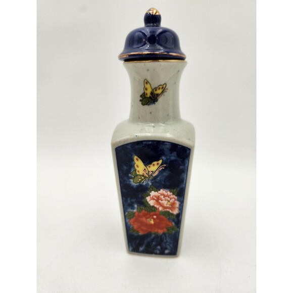 Vintage Japanese Square Bottle Decanter With Lid Butterfly Flowers Blue Gray - Picture 3 of 9